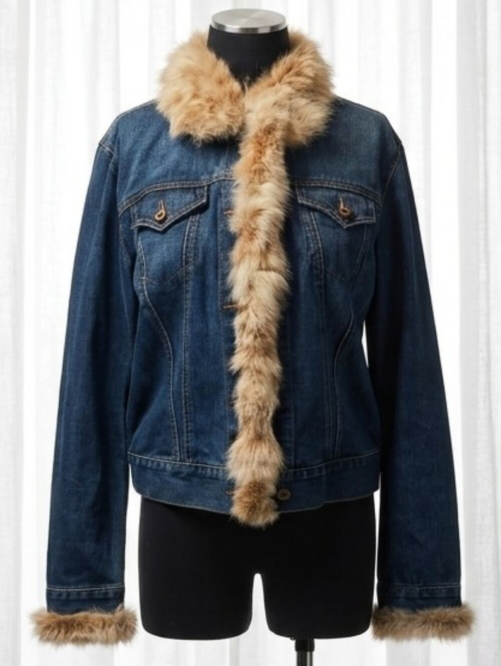 GAP 2001 Dark Blue Denim Jacket with Tan Faux Fur Trim